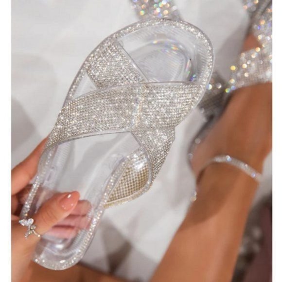 Shoes - NEWEmbellished Criss Cross Jelly Slides in Clear